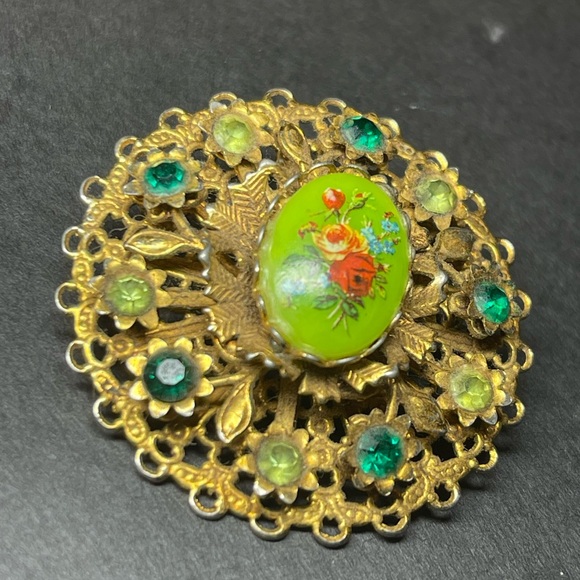 West Germany Green Floral Brooch Pin UNSIGNED Not MARKED - Picture 3 of 5